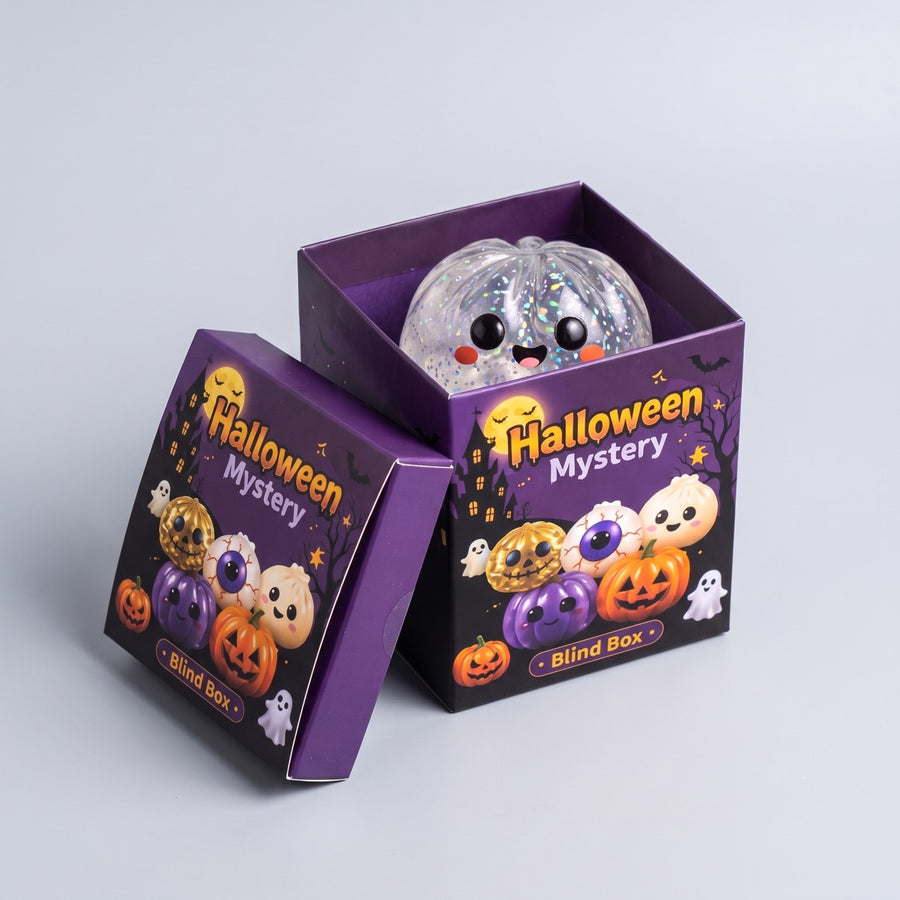 An opened Mini Monsters box with a clear glitter squishy inside